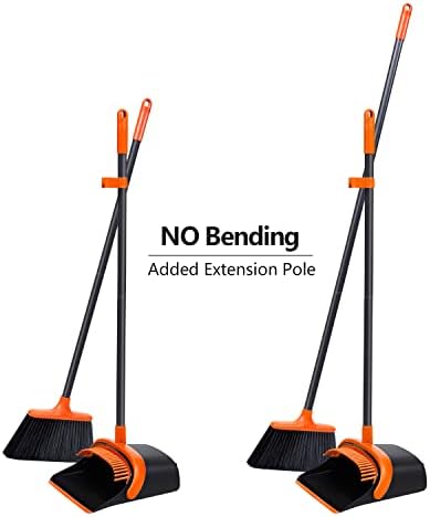 Broom with Dustpan Combo Set,No Bending Broom and Dustpan Set with Adjustable Long Handle,Upright Standing Dust Pan with Rubber Lip and Teeth,Stand-Up Storage Dustpan with Large Hanging Holes