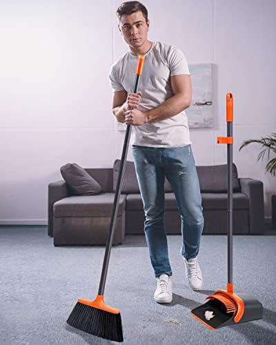 Broom with Dustpan Combo Set,No Bending Broom and Dustpan Set with Adjustable Long Handle,Upright Standing Dust Pan with Rubber Lip and Teeth,Stand-Up Storage Dustpan with Large Hanging Holes