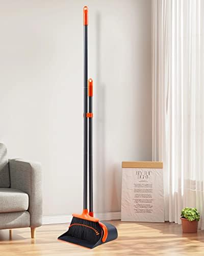 Broom with Dustpan Combo Set,No Bending Broom and Dustpan Set with Adjustable Long Handle,Upright Standing Dust Pan with Rubber Lip and Teeth,Stand-Up Storage Dustpan with Large Hanging Holes