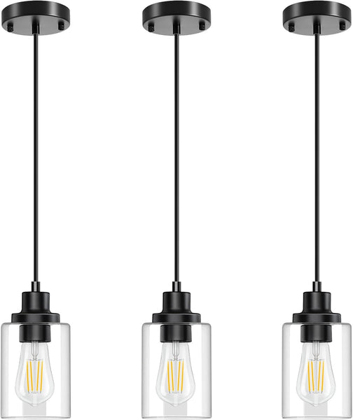 Pendant Light, 3 Pack Pendant Lights Kitchen Island, Black Hanging Light Fixture with 4"- 60" Adjustable Cord, Pendant Lights with Glass Shade,Metal Pendant Lighting for Bedroom Living Room Hallway