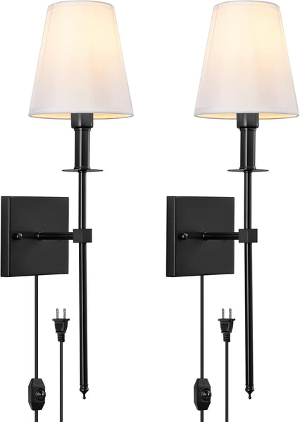 Wall Sconce, Black Wall Sconces Set of 2, Dimmable Plug in Sconces Wall Lighting, E12 Based Wall Lamp with Fabric Shade, Modern Wall Light Indoor for Bedroom Living Room Hallway Bathroom(No Bulb)