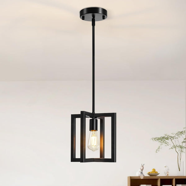 Pendant Light, Adjustable Height Farmhouse Pendant Light Fixtures, 1-Light Black Hanging Light Fixture for Flat&Sloped Ceiling, Metal Frame Pendant Lighting for Kitchen Island Dining Room Entryway