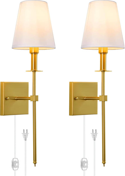 Wall Sconce, Dimmable Gold Wall Sconces Set of 2, Plug in Sconces Wall Lighting, E12 Based Wall Lamp with Fabric Shade, Classic Wall Light Indoor for Living Room Hallway Bathroom Bedroom(No Bulb)