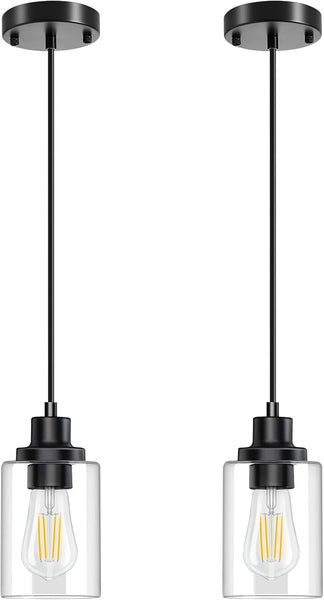 Pendant Light, 2 Pack Black Pendant Lights Kitchen Island, 4"- 60" Adjustable Hanging Light Fixture, Modern Pendant Lights with Clear Glass Shade,Metal Pendant Lighting for Bedroom Living Room Hallway