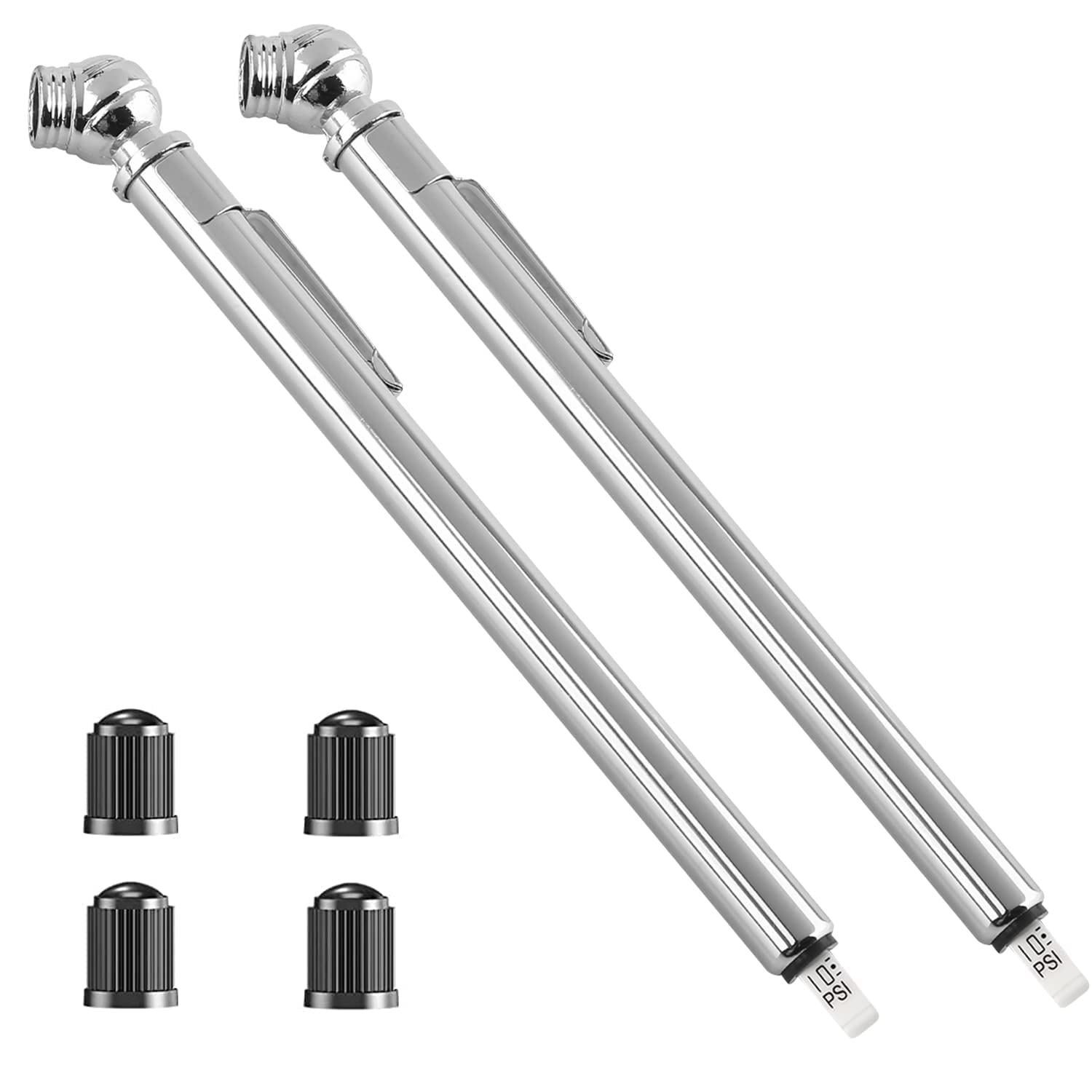 Tire Pressure Gauge, 10-75 PSI Tire Gauge, Portable 2 Pack Air Pressure Gauge with 4 Black Stem Caps, Stainless Steel Body Pressure Gauge for Cars, Trucks, RVs, Motorcycles, and Bicycles