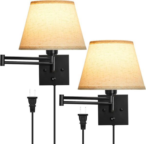 Wall Sconces Set of 2, Plug in Wall Sconce, Dimmable Wall Lights with Adjustable Swing Arm Wall Lamp with Fabric Shade, Modern Sconces Wall Decor Set of 2 for Reading Living Room Bedroom Hallway