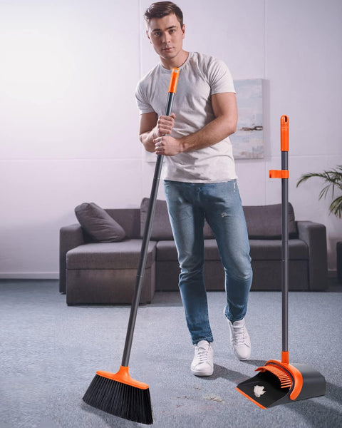 Broom with Dustpan Combo Set,No Bending Broom and Dustpan Set with Adjustable Long Handle,Upright Standing Dust Pan with Rubber Lip and Teeth,Stand-Up Storage Dustpan with Large Hanging Holes