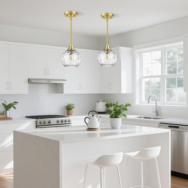 Pendant Light, Set of 2 Pendant Lights Kitchen Island with Hammered Glass, 5"- 42" Adjustable Rods Kitchen Island Lighting E26 Based, Gold Island Lights for Bedroom Hallway Living Room Dining Room