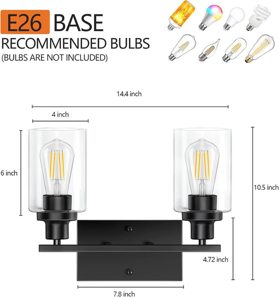 Bathroom Light Fixtures Over Mirror, 2-Light Vanity Light with Glass Shade, Matte Black Bathroom Light Fixtures, Modern Vanity Lights for Bathroom, Metal Bathroom Vanity Light Fixtures Bathroom Light