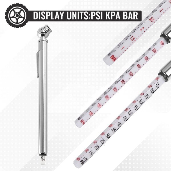 Tire Pressure Gauge, 10-75 PSI Tire Gauge, Portable 2 Pack Air Pressure Gauge with 4 Black Stem Caps, Stainless Steel Body Pressure Gauge for Cars, Trucks, RVs, Motorcycles, and Bicycles