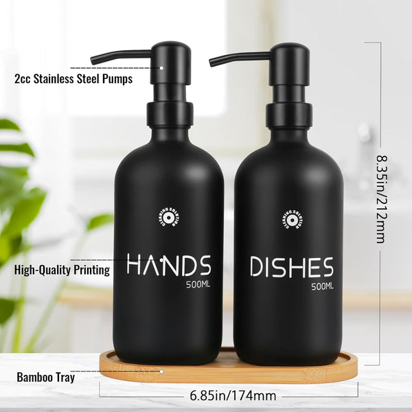 Soap Dispenser,Dish Soaps Dispenser with Bamboo Tray, 304 Stainless Steel Pump Soap Dispensers Kitchen, Soaps Dispenser Bathroom, Black Matte Kitchen Soaps Dispenser