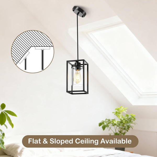 Pendant Lights Kitchen Island, 1 Pack Black Pendant Light, Adjustable Corded Pendant Light Fixtures with Glass Shade, Metal Frame Hanging Light Fixture, Kitchen Island Lighting for Entryway Bedroom