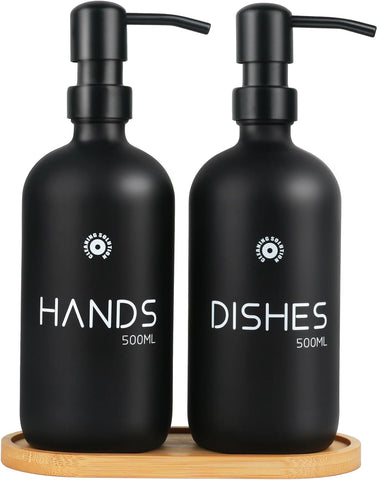 Soap Dispenser,Dish Soaps Dispenser with Bamboo Tray, 304 Stainless Steel Pump Soap Dispensers Kitchen, Soaps Dispenser Bathroom, Black Matte Kitchen Soaps Dispenser