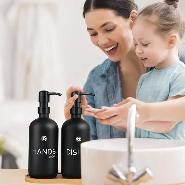 Soap Dispenser,Dish Soaps Dispenser with Bamboo Tray, 304 Stainless Steel Pump Soap Dispensers Kitchen, Soaps Dispenser Bathroom, Black Matte Kitchen Soaps Dispenser