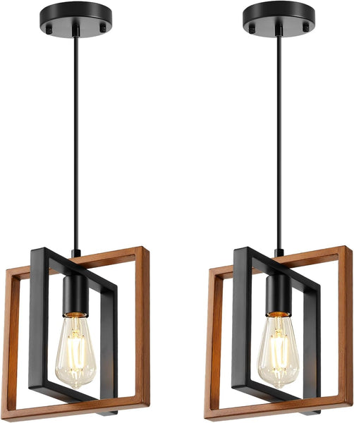 Pendant Lights Kitchen Island, 2 Pack Pendant Light, Adjustable Kitchen Island Lighting, Wood Grain Hanging Light Fixture with Metal Frames, Pendant Lights for Dining Room Hallway Entryway Living Room