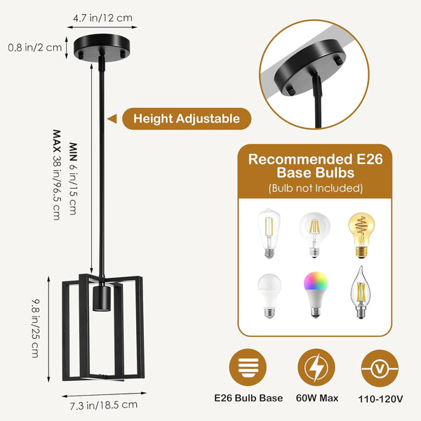 Pendant Light, Adjustable Height Farmhouse Pendant Light Fixtures, 1-Light Black Hanging Light Fixture for Flat&Sloped Ceiling, Metal Frame Pendant Lighting for Kitchen Island Dining Room Entryway