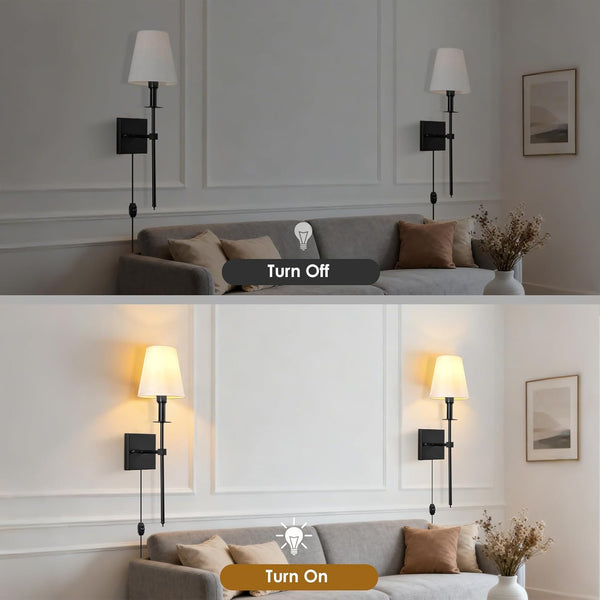 Wall Sconce, Black Wall Sconces Set of 2, Dimmable Plug in Sconces Wall Lighting, E12 Based Wall Lamp with Fabric Shade, Modern Wall Light Indoor for Bedroom Living Room Hallway Bathroom(No Bulb)