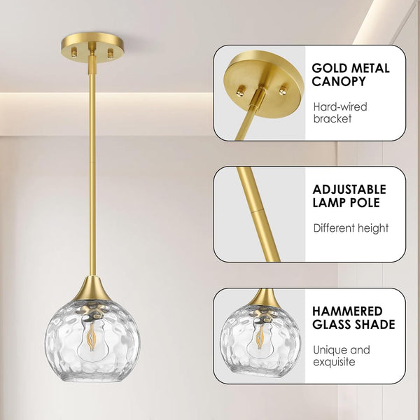 Pendant Light, 3 Pack Pendant Lights Kitchen Island Lighting Hammered Glass, Island Lights with 5"- 42" Adjustable Rods, Gold Light Fixtures Ceiling Hanging with Metal Canopy for Living Room Bedroom