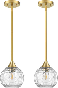 Pendant Light, Set of 2 Pendant Lights Kitchen Island with Hammered Glass, 5"- 42" Adjustable Rods Kitchen Island Lighting E26 Based, Gold Island Lights for Bedroom Hallway Living Room Dining Room