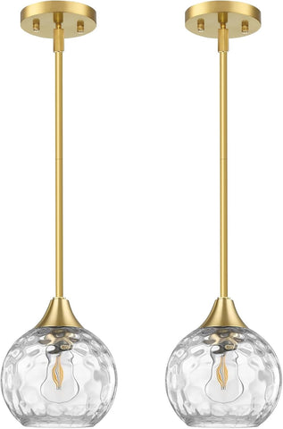 Pendant Light, Set of 2 Pendant Lights Kitchen Island with Hammered Glass, 5"- 42" Adjustable Rods Kitchen Island Lighting E26 Based, Gold Island Lights for Bedroom Hallway Living Room Dining Room