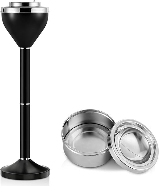 Ash Tray, Standing Cigar Ashtray, 16"&24.2" Adjustable Outdoor Ashtray, Black Ashtray Outdoor, Detachable Ashtrays with Lid and Weighted Base, Outdoor Ash Tray for Indoor Home Patio