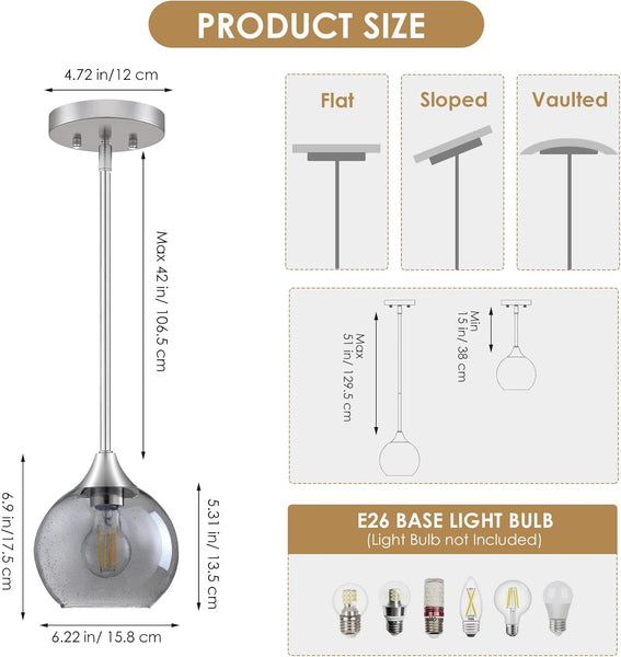 Pendant Light, Grey Glass Pendant Lights Kitchen Island Lighting 3 Pack, Island Lights with 42" Adjustable Rods, Modern Light Fixtures Ceiling Hanging for Bedroom Hallway Living Room Dining Room