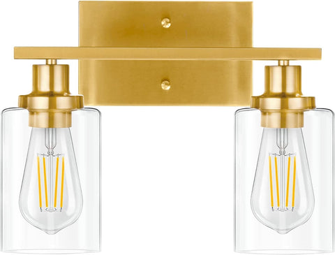 Gold Bathroom Light Fixtures, 2-Light Brushed Gold Vanity Lights, Bathroom Vanity Light with Clear Glass Shade, Modern Vanity Lights for Bathroom, Vanity Lights for Mirror for Bedroom Hallway E26 Base