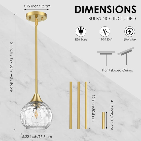 Pendant Light, Set of 2 Pendant Lights Kitchen Island with Hammered Glass, 5"- 42" Adjustable Rods Kitchen Island Lighting E26 Based, Gold Island Lights for Bedroom Hallway Living Room Dining Room