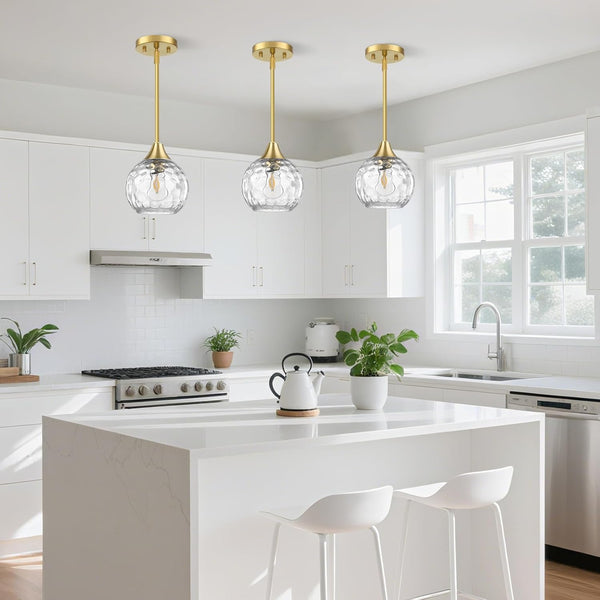 Pendant Light, 3 Pack Pendant Lights Kitchen Island Lighting Hammered Glass, Island Lights with 5"- 42" Adjustable Rods, Gold Light Fixtures Ceiling Hanging with Metal Canopy for Living Room Bedroom
