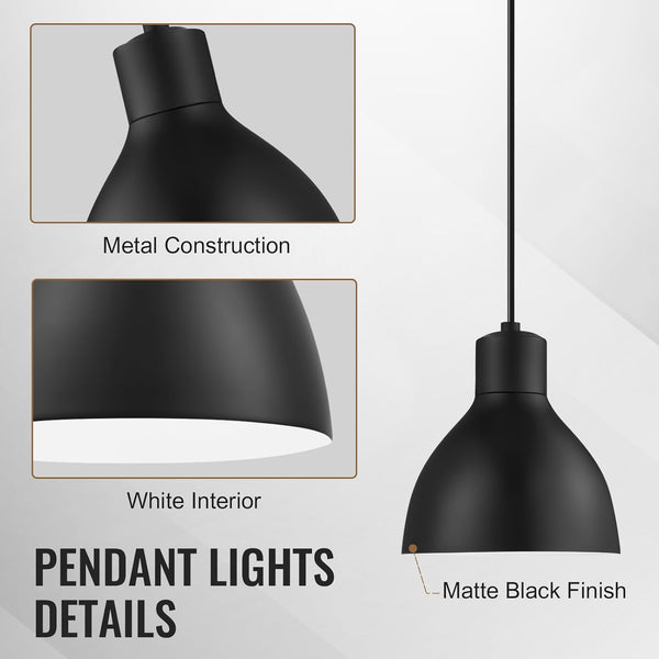Pendant Lights Kitchen Island,3 Pack Black Pendant Lights,Small Pendant Light Fixtures with 6.5" Dome Metal Shade,Height Adjustable Kitchen Island Lighting,Industrial Hanging Lights for Dinning Room