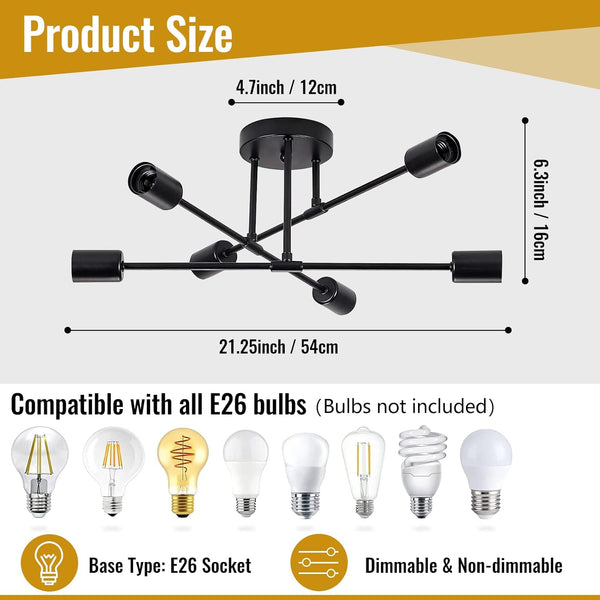 Black Sputnik Chandeliers Ceiling Lights, Light Fixtures Ceiling Modern, Industrial Ceiling Light Fixtures, Bedroom Light Fixtures Ceiling, Pendant Light Fixture for Bedrrom,Dining Room Kitchen,Office