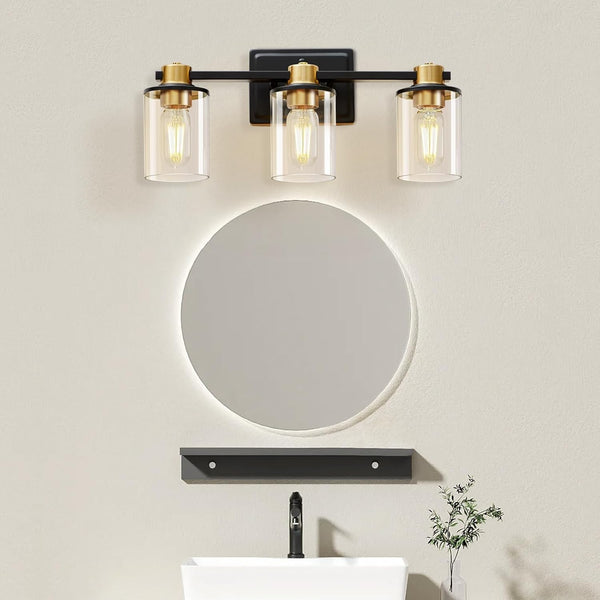 Bathroom Light Fixtures, Vanity Lights with 3 E26 Sockets, Brushed Gold&Black Bathroom Lighting Fixtures Over Mirror, Vanity Lights for Mirror with Glass Shades for Bedroom Living Room Washroom Light