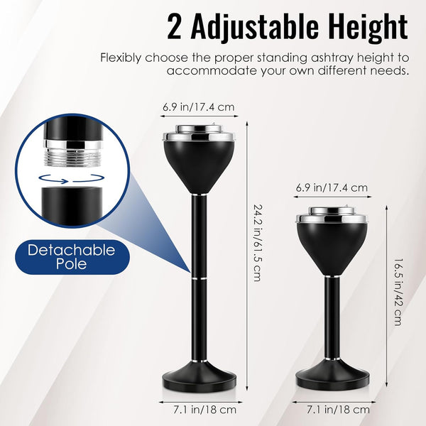 Ash Tray, Standing Cigar Ashtray, 16"&24.2" Adjustable Outdoor Ashtray, Black Ashtray Outdoor, Detachable Ashtrays with Lid and Weighted Base, Outdoor Ash Tray for Indoor Home Patio