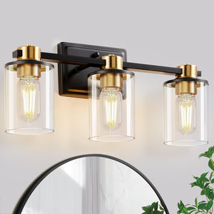 Bathroom Light Fixtures, Vanity Lights with 3 E26 Sockets, Brushed Gold&Black Bathroom Lighting Fixtures Over Mirror, Vanity Lights for Mirror with Glass Shades for Bedroom Living Room Washroom Light