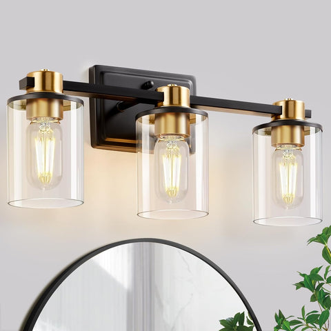 Bathroom Light Fixtures, Vanity Lights with 3 E26 Sockets, Brushed Gold&Black Bathroom Lighting Fixtures Over Mirror, Vanity Lights for Mirror with Glass Shades for Bedroom Living Room Washroom Light