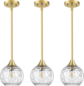 Pendant Light, 3 Pack Pendant Lights Kitchen Island Lighting Hammered Glass, Island Lights with 5"- 42" Adjustable Rods, Gold Light Fixtures Ceiling Hanging with Metal Canopy for Living Room Bedroom