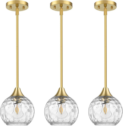 Pendant Light, 3 Pack Pendant Lights Kitchen Island Lighting Hammered Glass, Island Lights with 5"- 42" Adjustable Rods, Gold Light Fixtures Ceiling Hanging with Metal Canopy for Living Room Bedroom