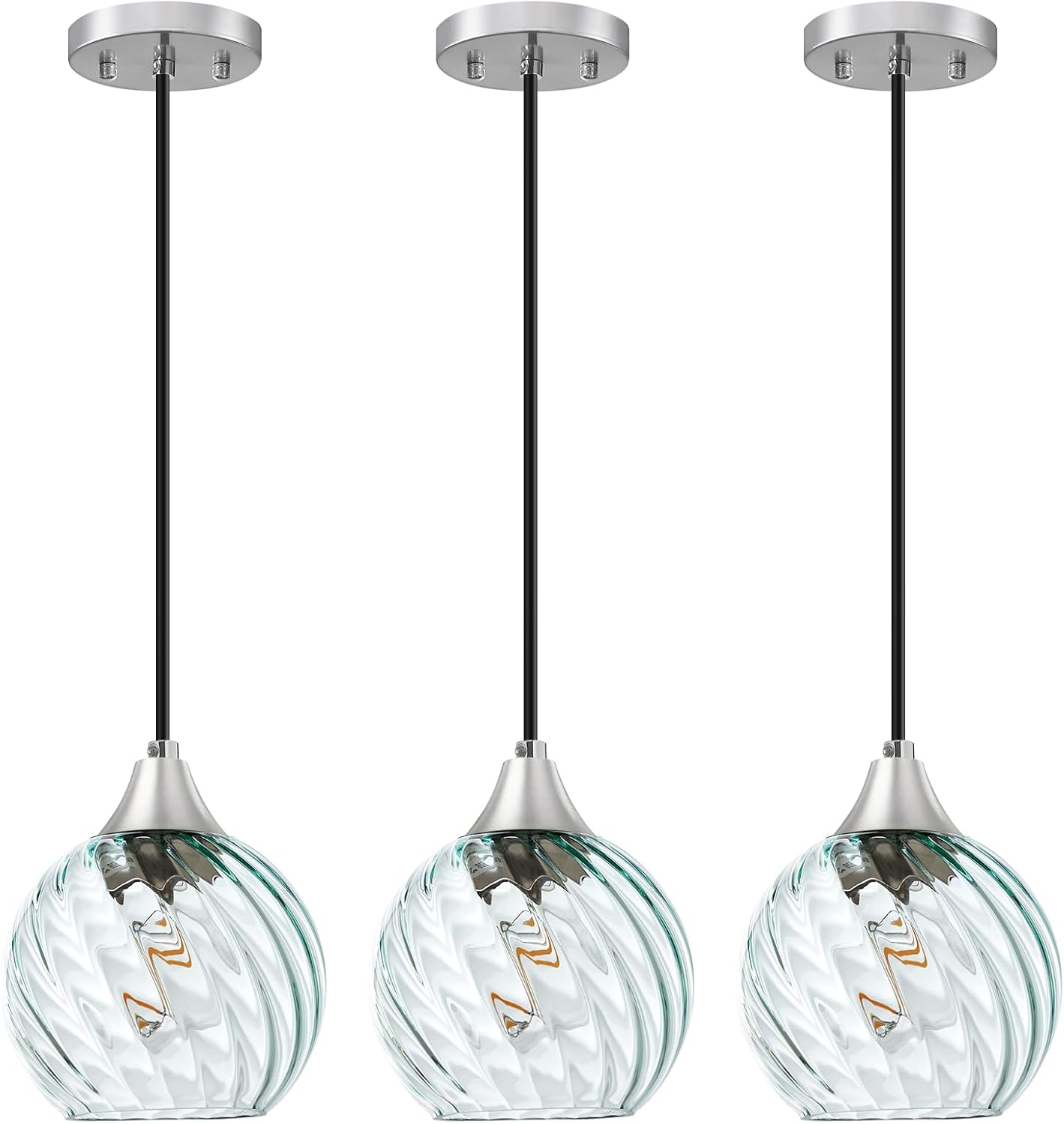 Pendant Light, Pendant Lights Kitchen Island 3 Pack with Glass Shades Twist Pattern, 60" Adjustable Cord Kitchen Island Lighting E26 Based, Green Island Lights for Bedroom Living Room Dining Room