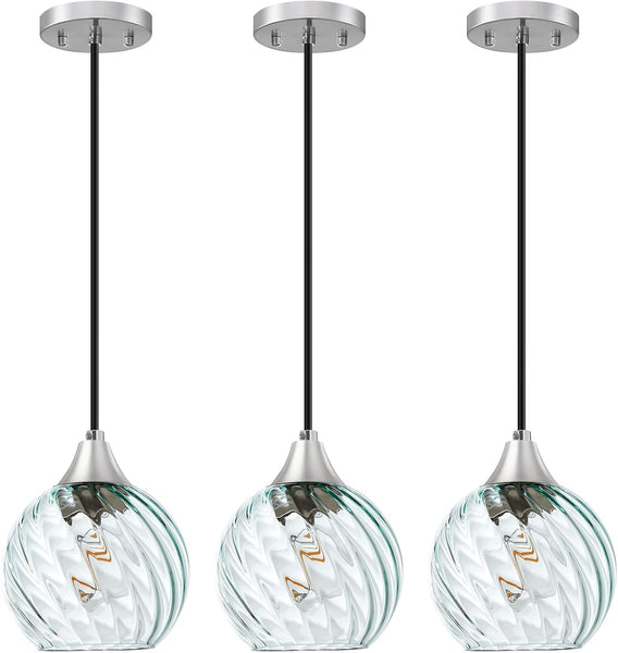 Pendant Light, Pendant Lights Kitchen Island 3 Pack with Glass Shades Twist Pattern, 60" Adjustable Cord Kitchen Island Lighting E26 Based, Green Island Lights for Bedroom Living Room Dining Room