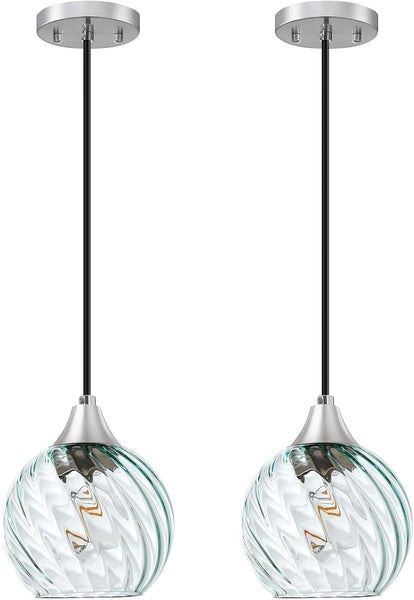 Pendant Light, 2 Pack Pendant Lights Kitchen Island with Glass Shade Twist Pattern, E26 Based Glass Kitchen Island Lighting with Adjustable Height, Modern Green Island Lights for Bedroom Living Room