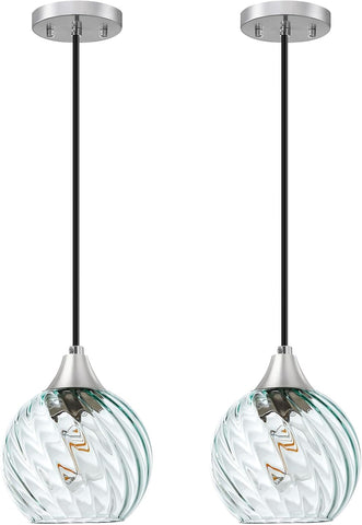 Pendant Light, 2 Pack Pendant Lights Kitchen Island with Glass Shade Twist Pattern, E26 Based Glass Kitchen Island Lighting with Adjustable Height, Modern Green Island Lights for Bedroom Living Room