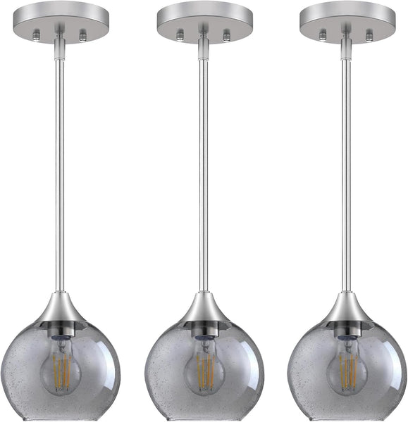 Pendant Light, Grey Glass Pendant Lights Kitchen Island Lighting 3 Pack, Island Lights with 42" Adjustable Rods, Modern Light Fixtures Ceiling Hanging for Bedroom Hallway Living Room Dining Room