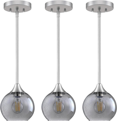 Pendant Light, Grey Glass Pendant Lights Kitchen Island Lighting 3 Pack, Island Lights with 42" Adjustable Rods, Modern Light Fixtures Ceiling Hanging for Bedroom Hallway Living Room Dining Room