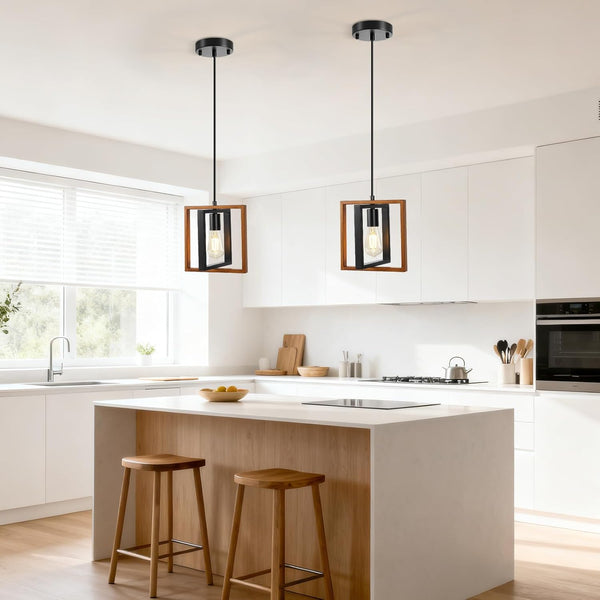 Pendant Lights Kitchen Island, 2 Pack Pendant Light, Adjustable Kitchen Island Lighting, Wood Grain Hanging Light Fixture with Metal Frames, Pendant Lights for Dining Room Hallway Entryway Living Room