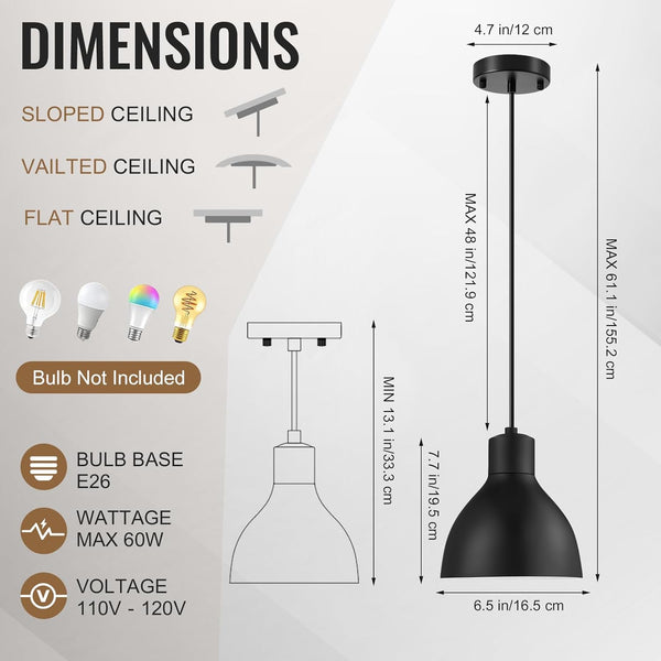 Pendant Lights Kitchen Island,3 Pack Black Pendant Lights,Small Pendant Light Fixtures with 6.5" Dome Metal Shade,Height Adjustable Kitchen Island Lighting,Industrial Hanging Lights for Dinning Room