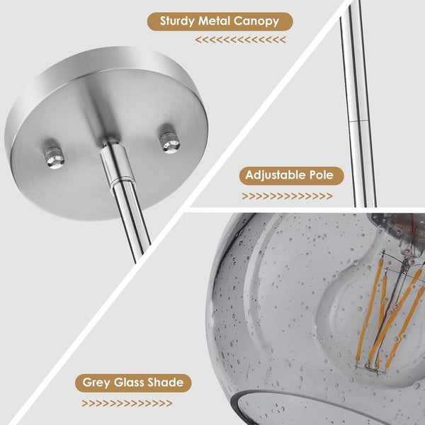 Pendant Light, Grey Glass Pendant Lights Kitchen Island Lighting 3 Pack, Island Lights with 42" Adjustable Rods, Modern Light Fixtures Ceiling Hanging for Bedroom Hallway Living Room Dining Room