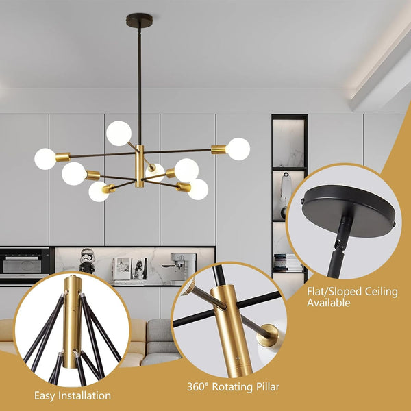 Chandelier, 8-Light Dining Room Light Fixture, 4-Height Adjustable Chandeliers for Dining Room, Dimmable Dining Room Chandelier, Sputnik Chandeliers with Stable Metal Base, E26 Sockets