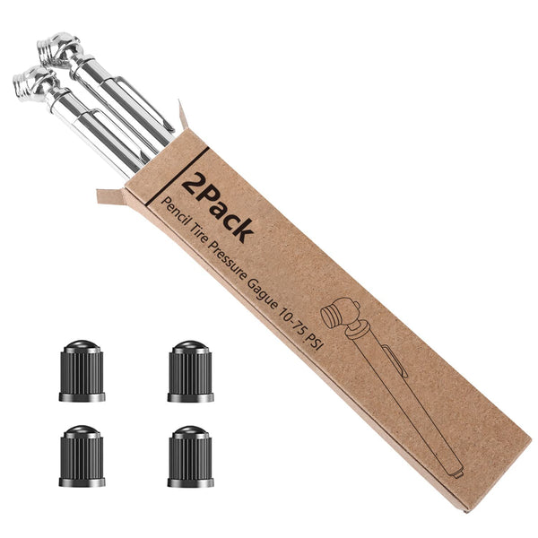 Tire Pressure Gauge, 10-75 PSI Tire Gauge, Portable 2 Pack Air Pressure Gauge with 4 Black Stem Caps, Stainless Steel Body Pressure Gauge for Cars, Trucks, RVs, Motorcycles, and Bicycles