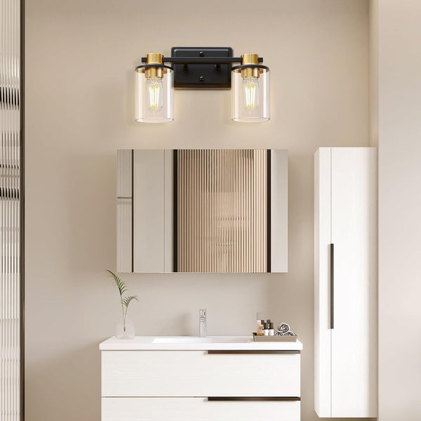 Bathroom Light Fixtures Over Mirror, Gold&Black Vanity Light, Modern Vanity Lights with Clear Glass Shade, Bathroom Light Fixtures with Anti-Rust Metal Frame for Bedroom Washroom Living Room E26 Base