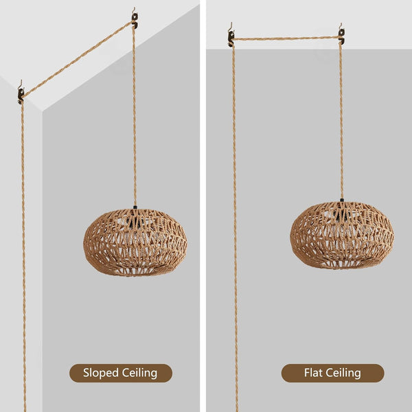 Hanging Lamp, 12 inch Hemp Rope Plug in Pendant Light, Boho Dimmable Hanging Light with 15ft Adjustable Cord, Hanging Lights That Plug in with Hook Design, E26 Hanging Lights for Bedroom Dining Room
